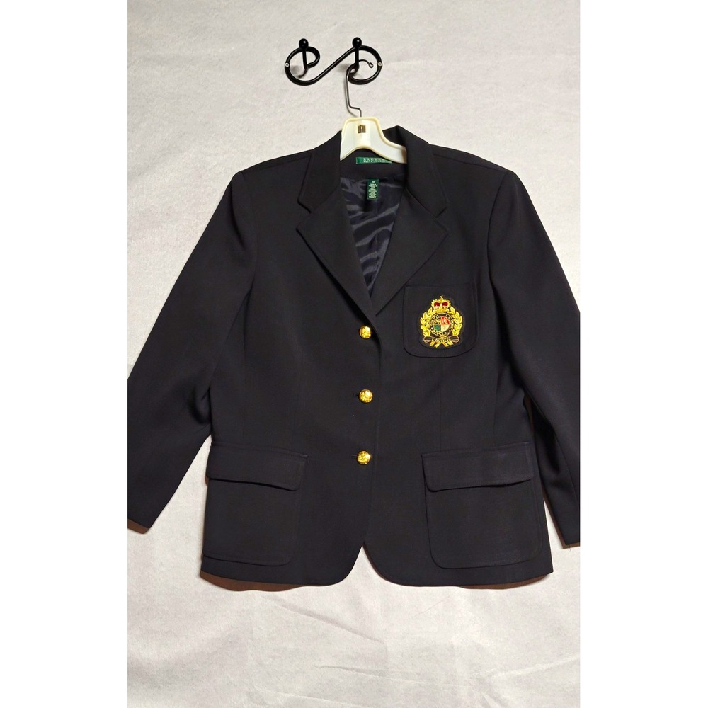 Lauren Ralph Lauren Women's Black 100% Wool Blazer Gold Buttons Crest Patch 14